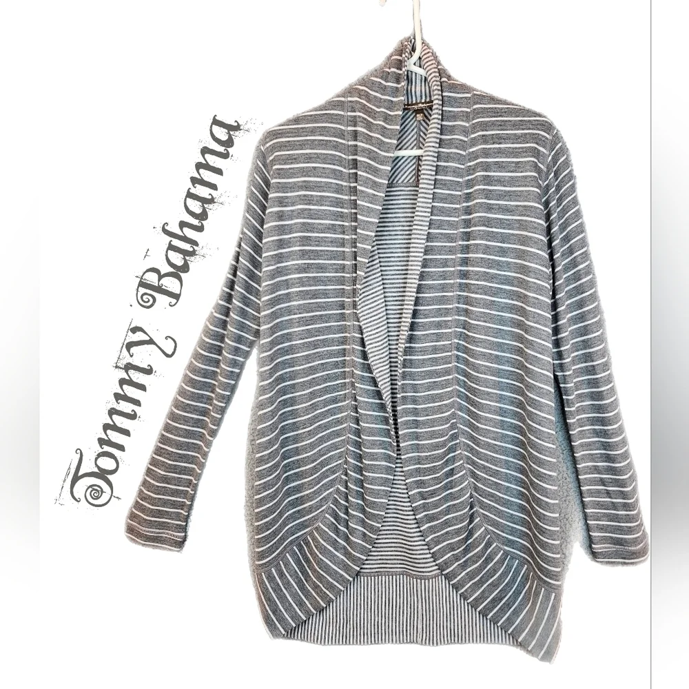 Tommy Bahama Womens Gray-White Striped Reversible Long Line Open Cardigan sz XS